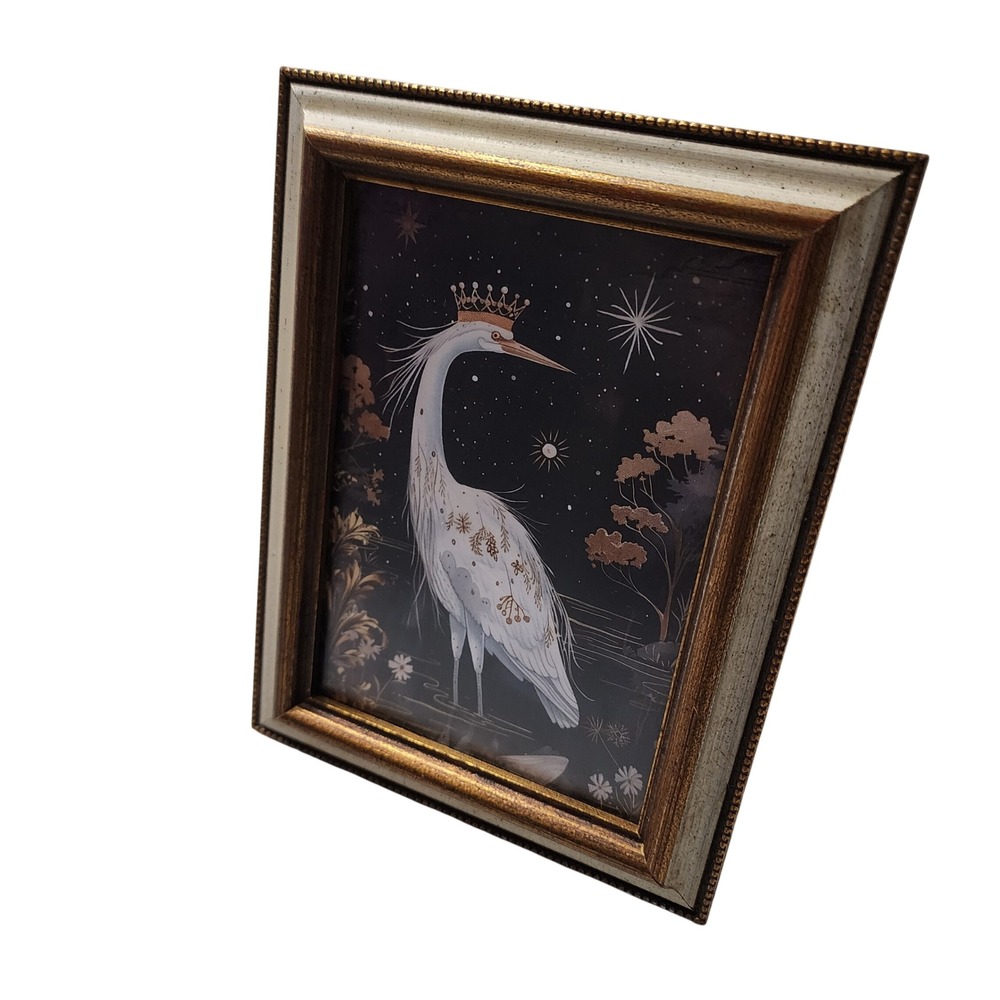 VTG wood frame with White Heron Art Print Crowned Bird Celestial Night Scene